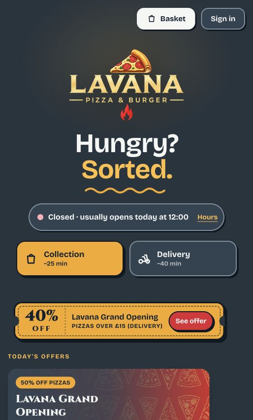 Lavana Pizza ordering website on a narrow phone screen