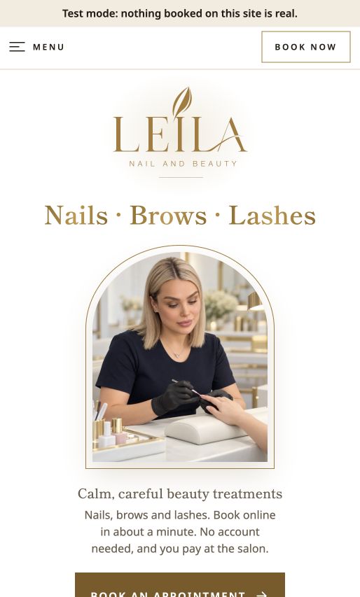 Leila Nail and Beauty website on a narrow phone screen